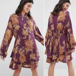 Free People Shake It Floral Printed Mini Dress Berry Combo Sz Small Boho EUC
